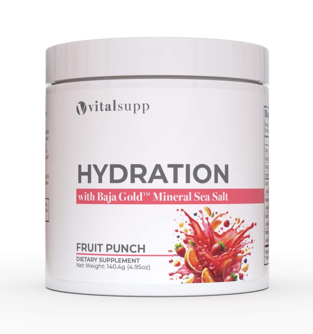 VITALSUPP Electrolyte Powder tub front highlighting Baja Gold Salt for enhanced hydration