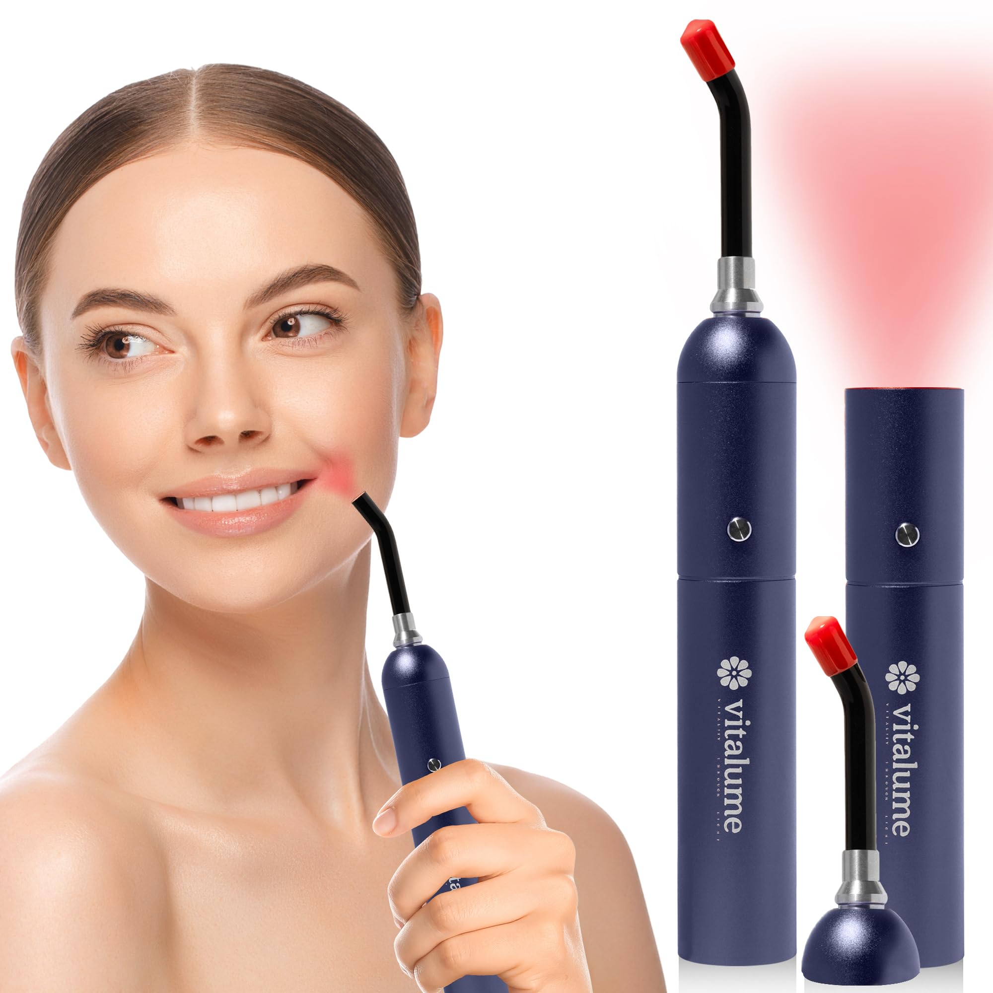 Vitalume red light therapy wand focused on the face for targeted relief and skin support.