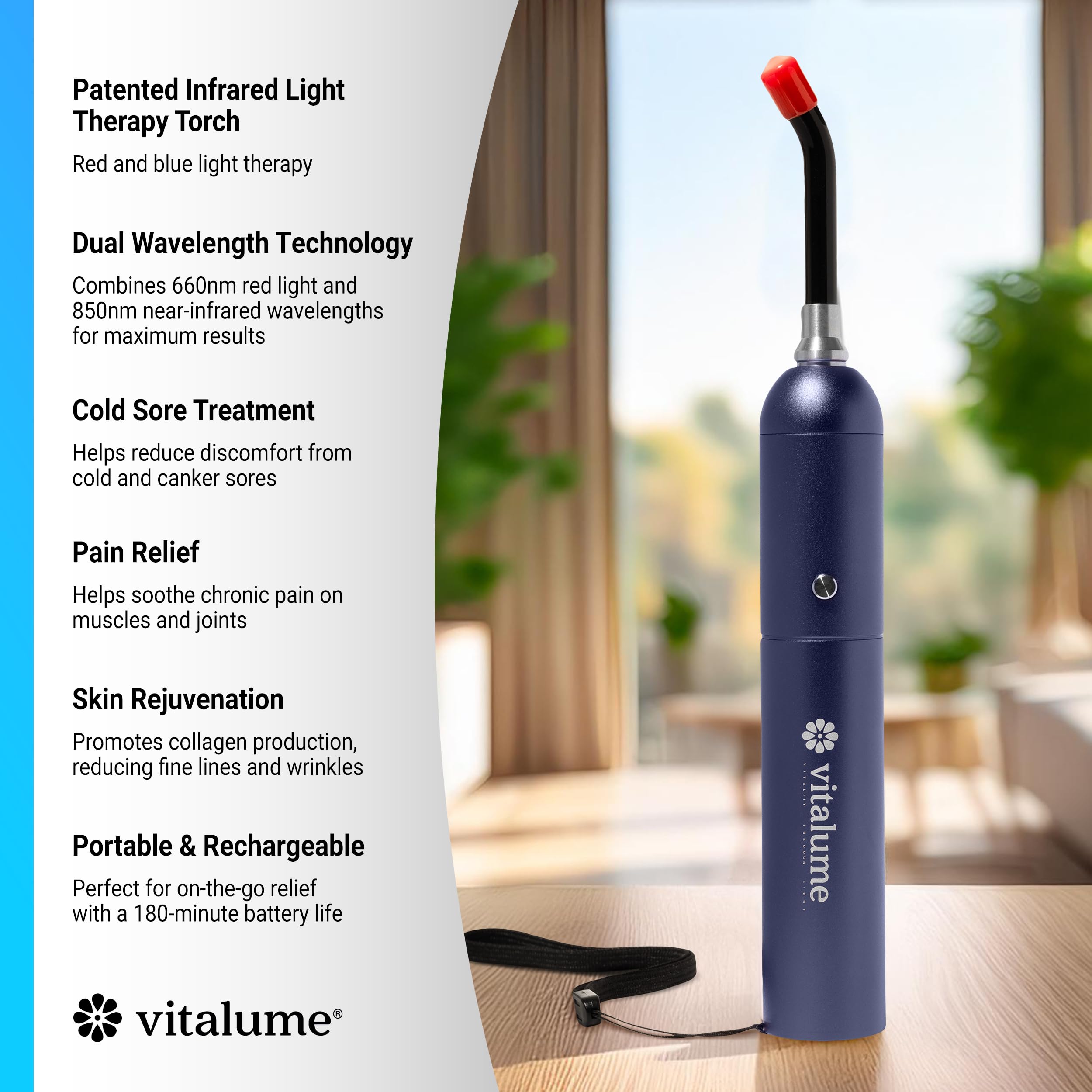 Vitalume wand delivering lip treatment with precise light for mouth comfort.