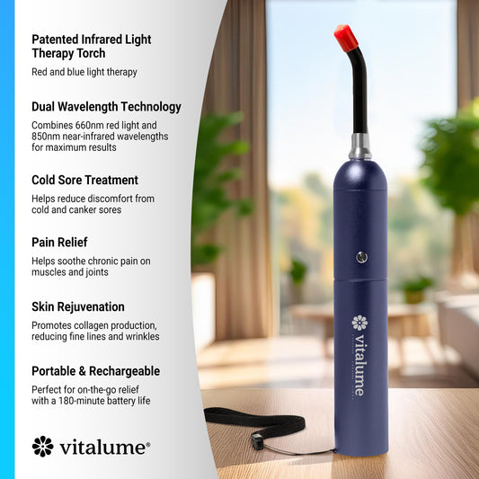 Vitalume wand delivering lip treatment with precise light for mouth comfort.