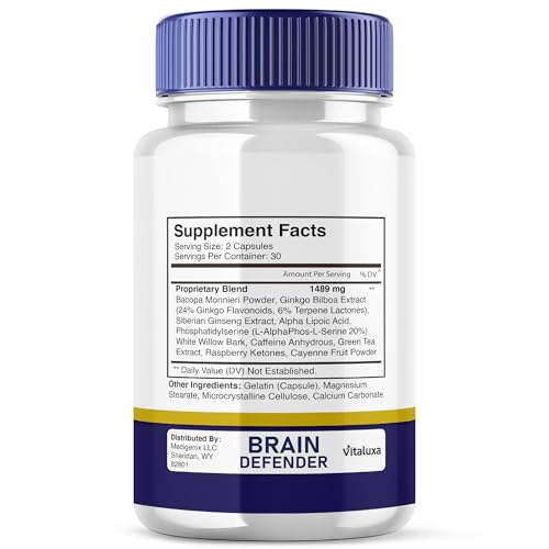 Vitaluxa Brain Defender bottle back with usage details and dosage information.