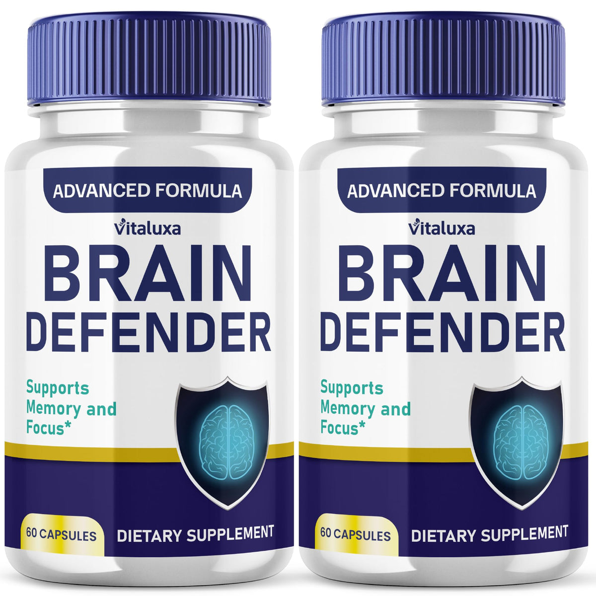 Vitaluxa Brain Defender bottle front view showing packaging and branding for daily focus.
