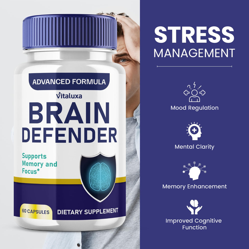 Vitaluxa Brain Defender bottle on a desk suggesting easy daily routine.