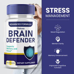 Vitaluxa Brain Defender bottle on a desk suggesting easy daily routine.