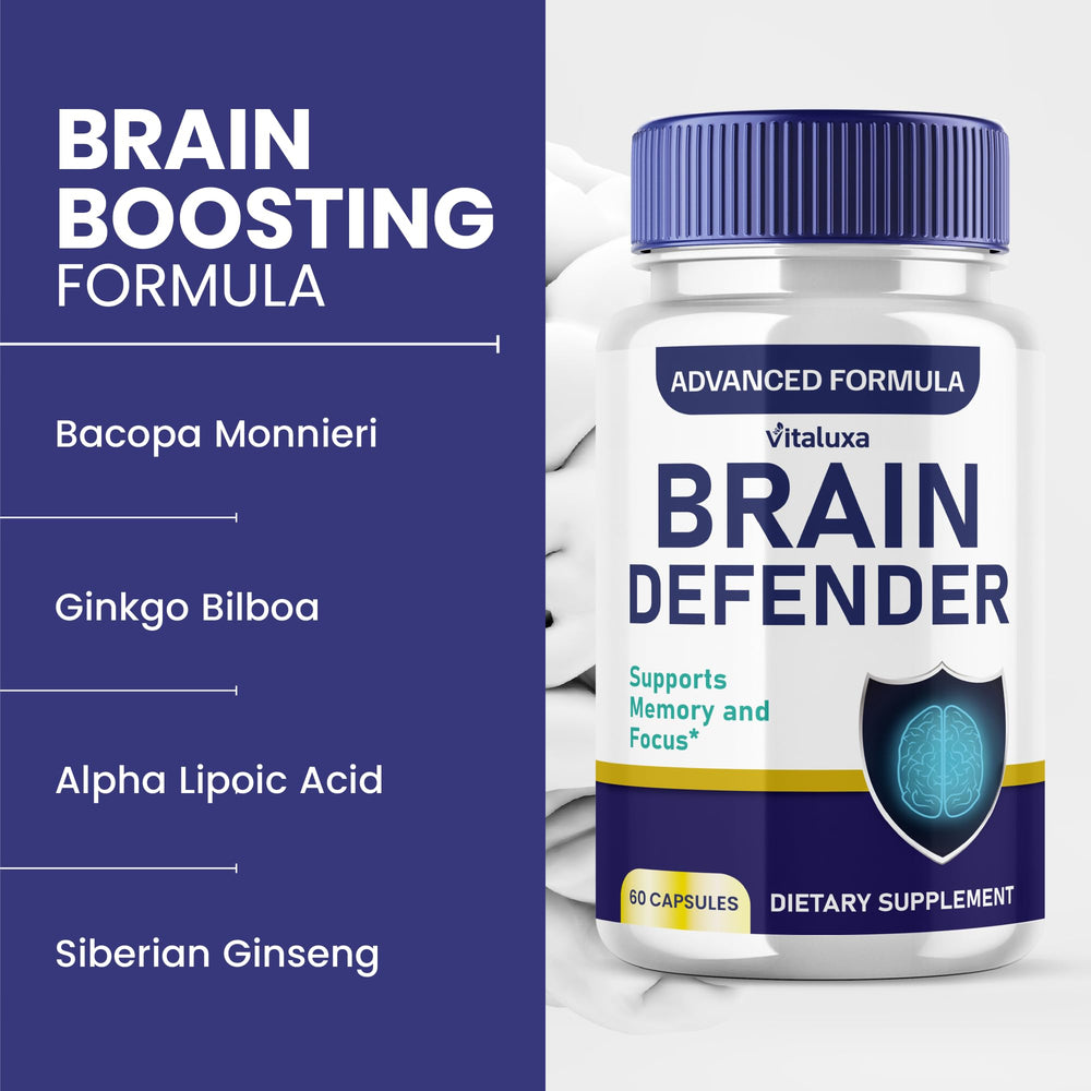 Vitaluxa Brain Defender capsules close-up highlighting compact nootropic pills.