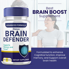 Vitaluxa Brain Defender label detail emphasizing branding and usage guidelines.
