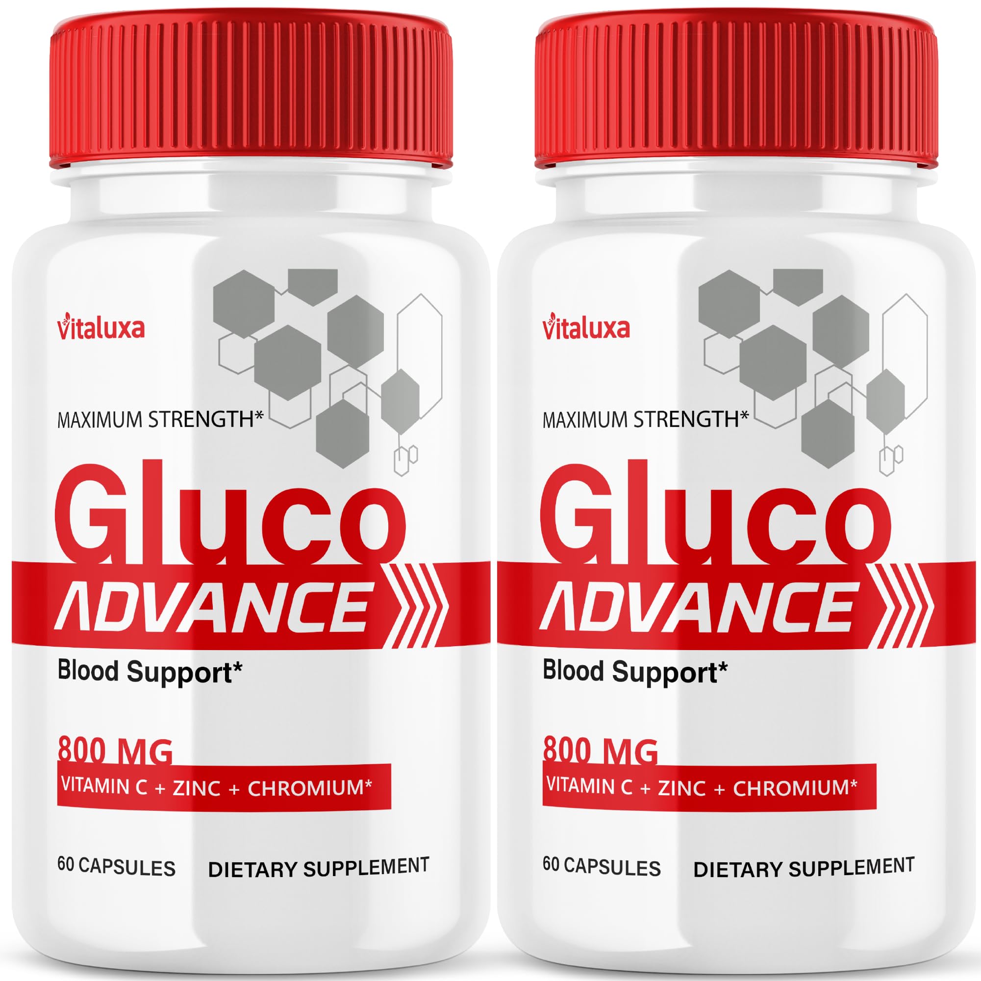 Vitaluxa GlucoAdvance bottle pouring capsules for everyday wellness support.