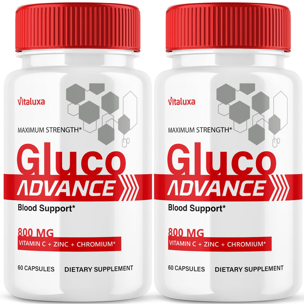 Vitaluxa GlucoAdvance bottle pouring capsules for everyday wellness support.