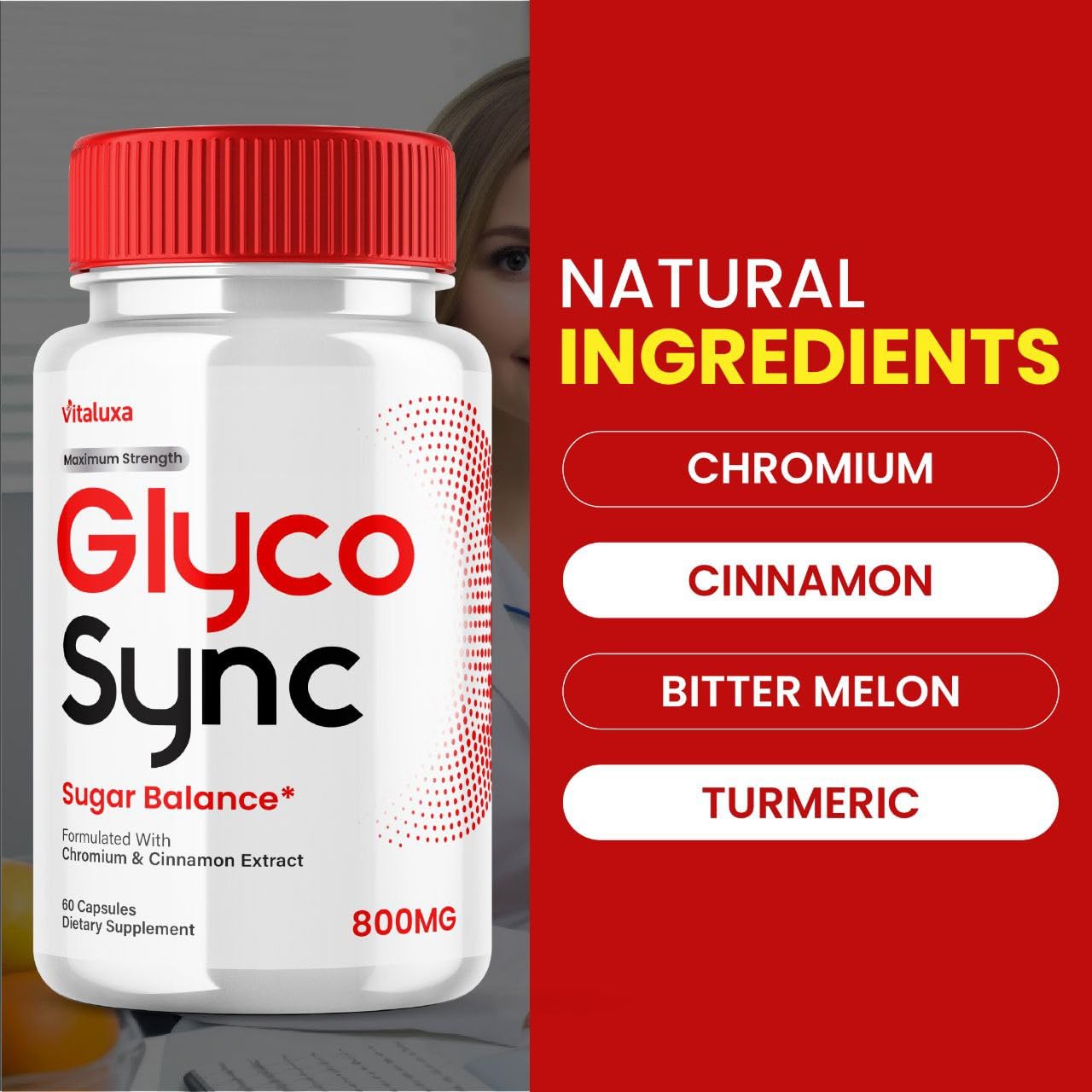 Vitaluxa Glyco Sync Balance pills close-up showing easy-to-swallow capsules
