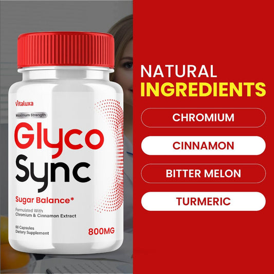 Vitaluxa Glyco Sync Balance pills close-up showing easy-to-swallow capsules
