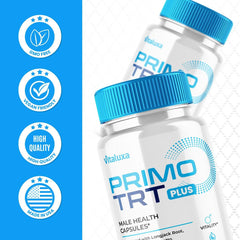 Vitaluxa PrimoTRT daily-use setup with bottle and glass of water