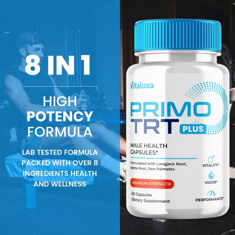 Vitaluxa PrimoTRT label close-up emphasizes advanced blend and trust signals