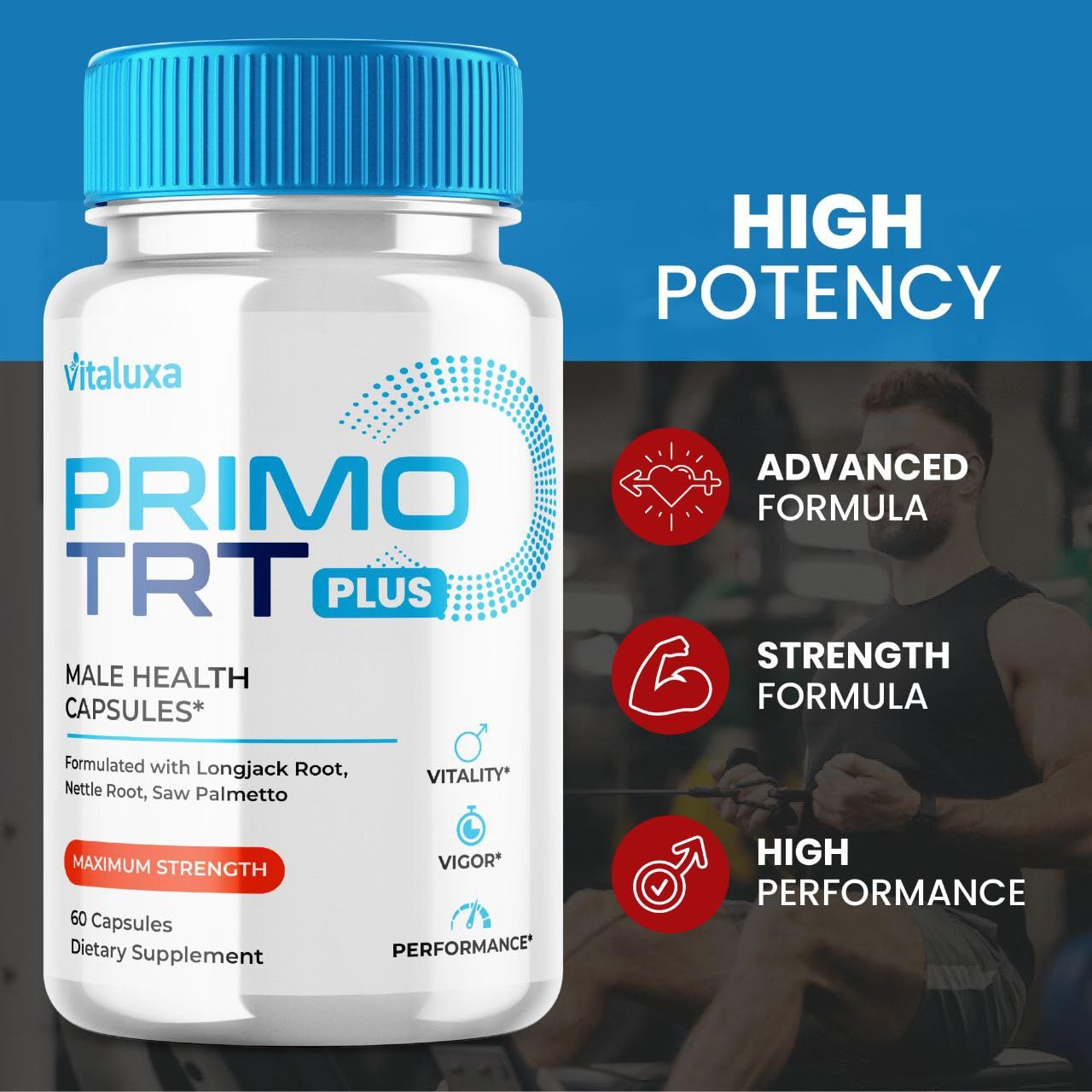 Vitaluxa PrimoTRT pills close-up reveals capsule color and premium formulation