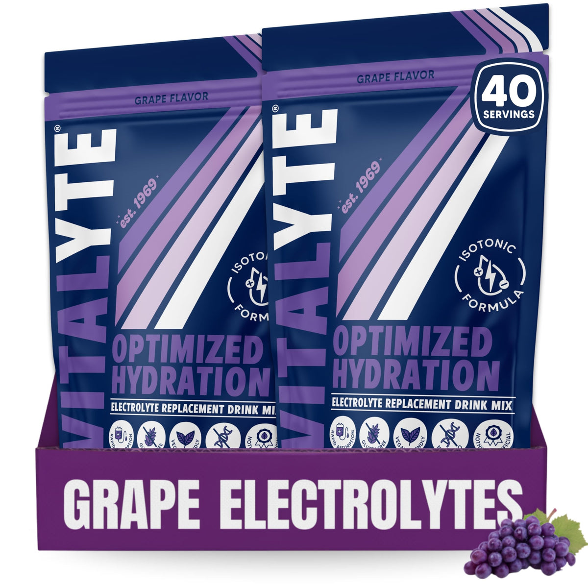 Vitalyte electrolyte powder grape tub 2-pack on countertop, convenient hydration for workouts