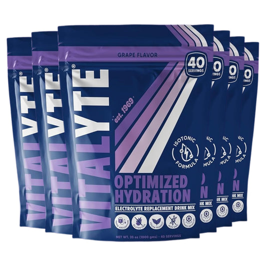 Vitalyte electrolyte powder tub with scoop for quick hydration.