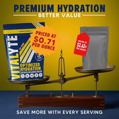 Vitalyte lemon flavor glass with water illustrates the isotonic mix pouring smoothly.