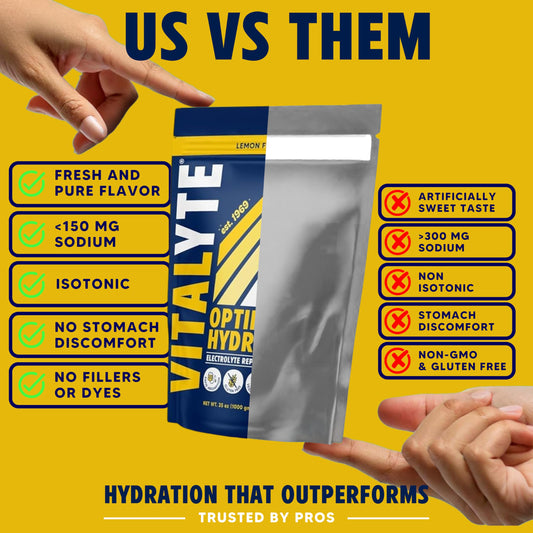 Vitalyte lemon flavor tub back displays ingredients and gluten-free, non-GMO benefits.