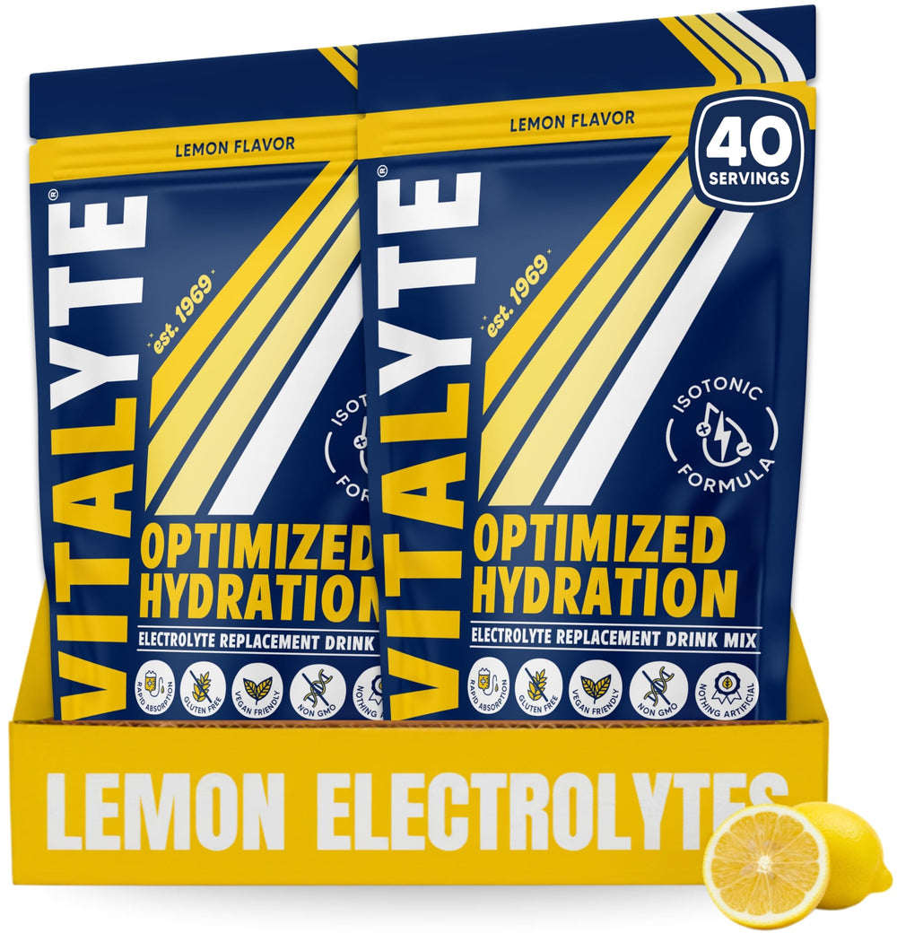 Vitalyte lemon flavor tub front, ready for quick on-the-go hydration during workouts.