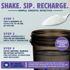 Vitalyte scoop beside powder as it dissolves in water.