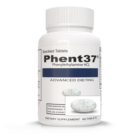 Vitamart Phent37 blue-white tablets visible in bottle for appetite support