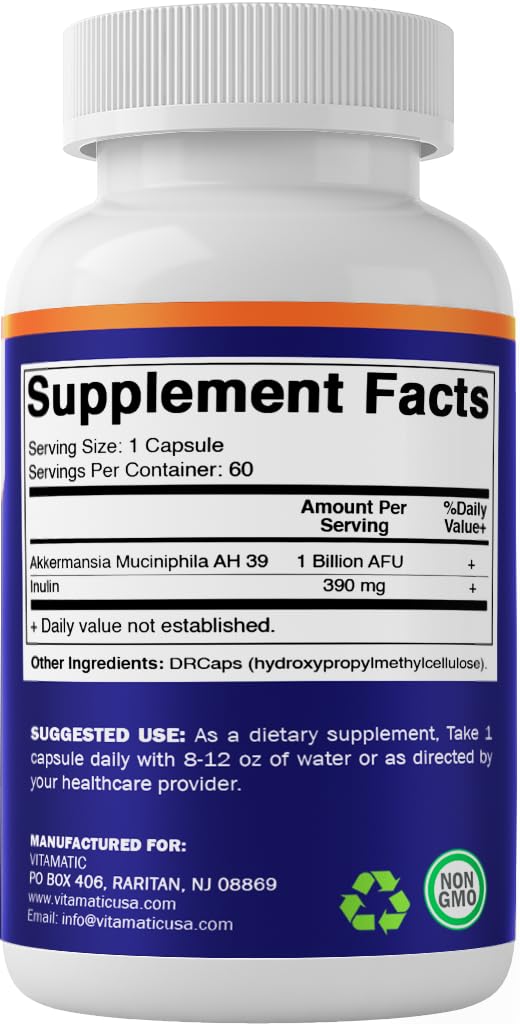 Vitamatic Akkermansia Muciniphila allergen-free icons on label