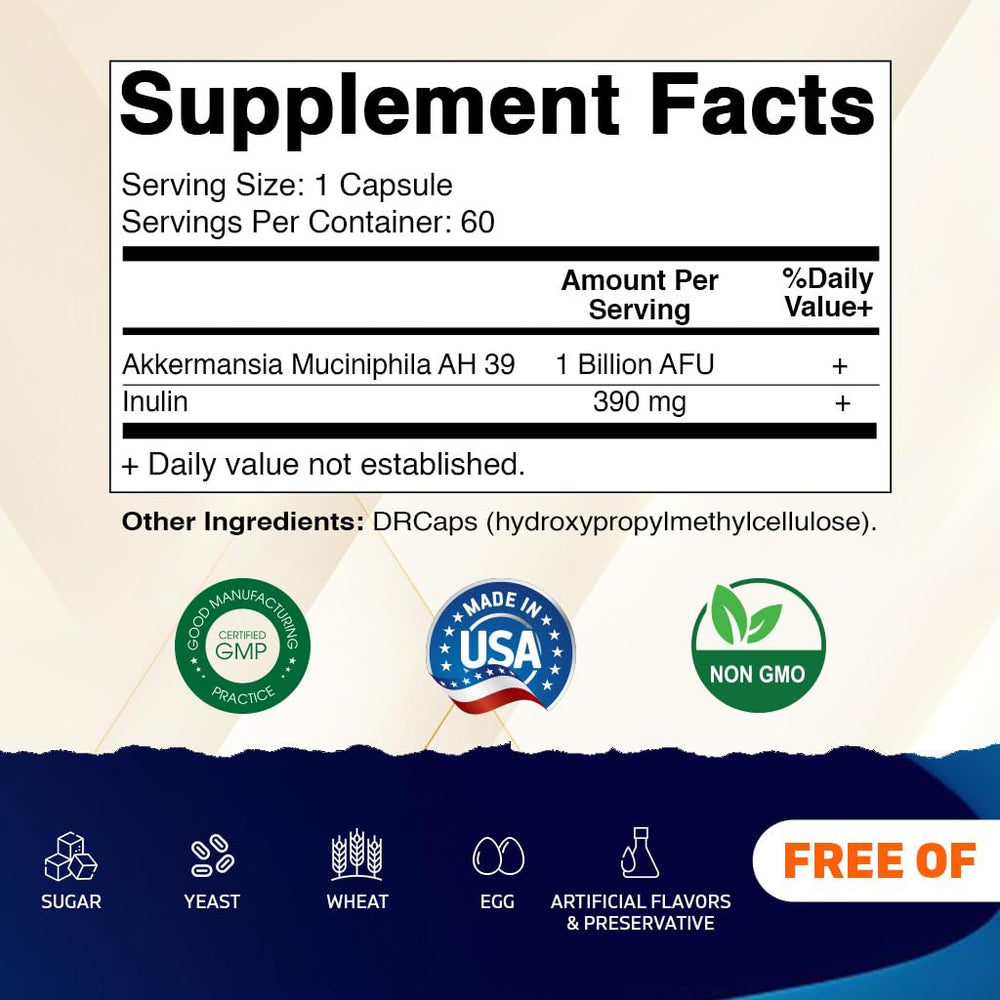 Vitamatic Akkermansia Muciniphila bottle back label with ingredients
