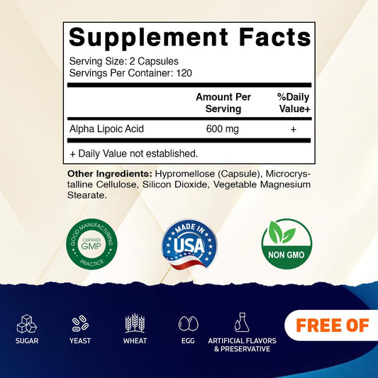 Vitamatic Alpha Lipoic Acid 600mg capsules closeup showing compact vegetable capsules.