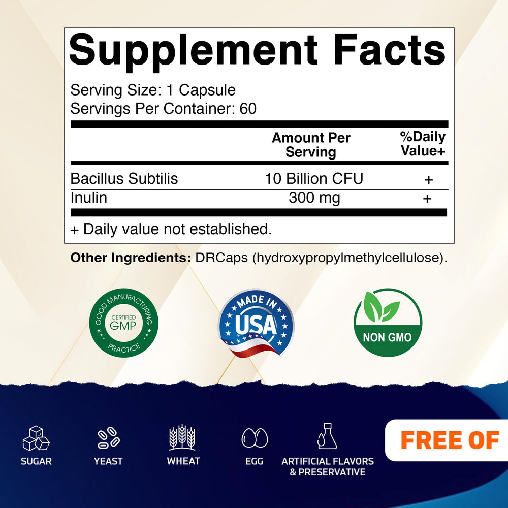 Vitamatic Bacillus Subtilis capsules being poured for convenient daily probiotic intake.