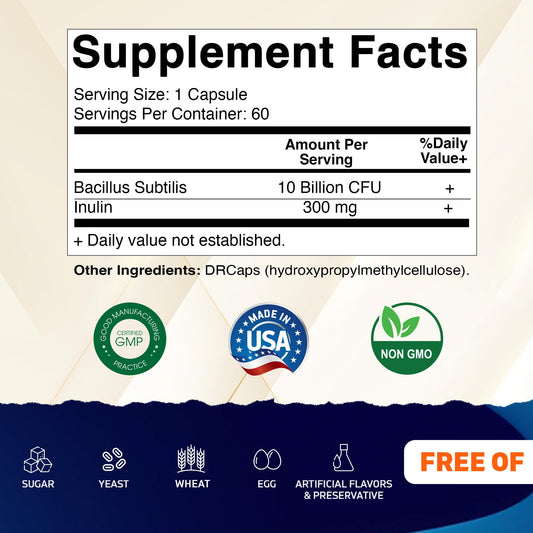 Vitamatic Bacillus Subtilis capsules being poured for convenient daily probiotic intake.