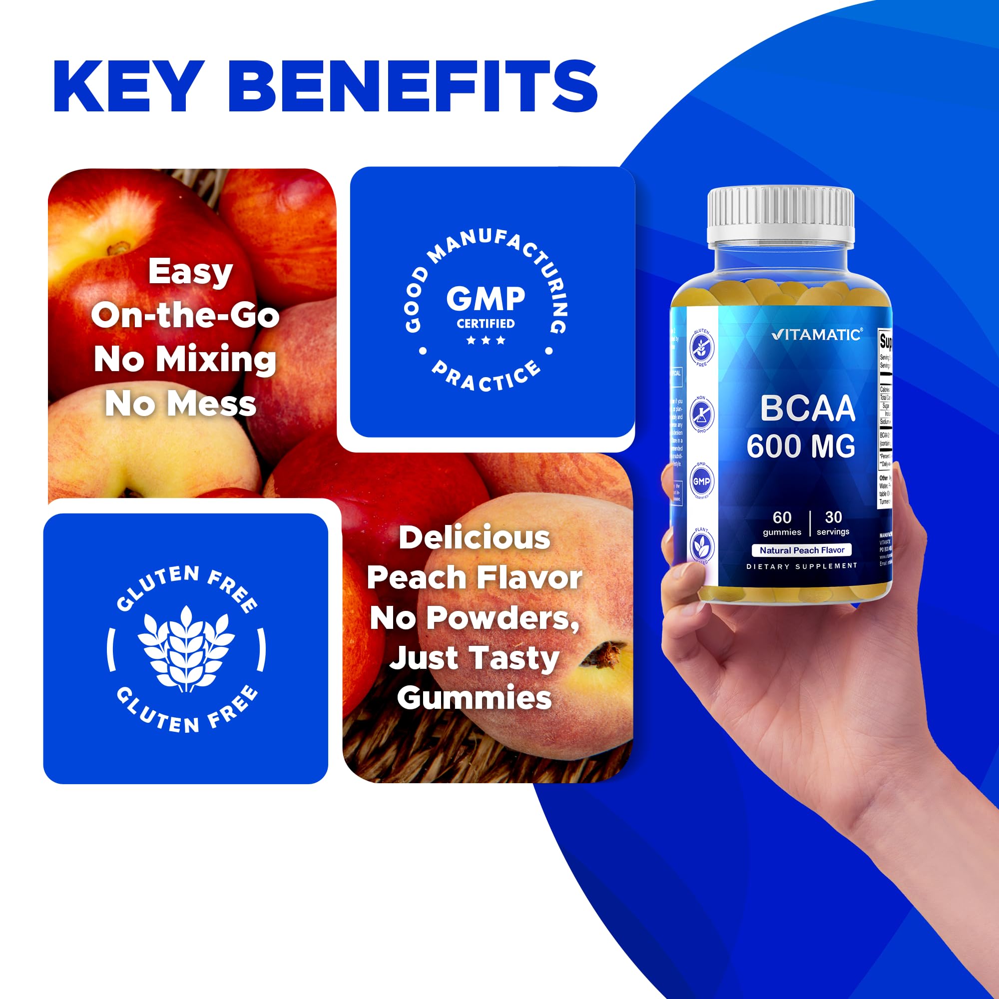 Vitamatic BCAA Gummies Peach three-bottle collection offers steady supply for weeks.