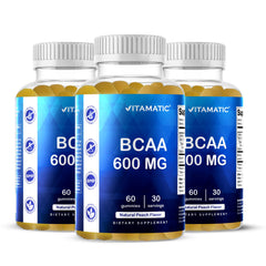 Vitamatic BCAA Gummies Peach bottle front for convenient vegan muscle support.