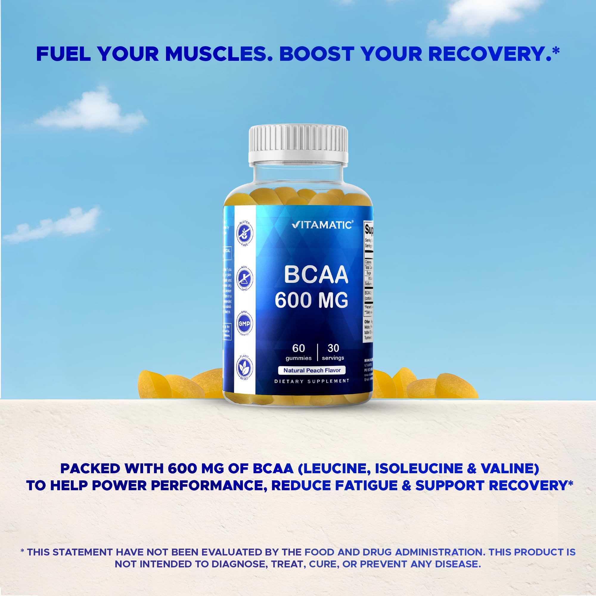 Vitamatic BCAA Gummies Peach foil packaging conveys premium quality.