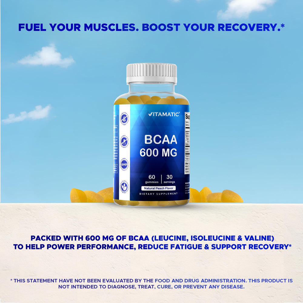 Vitamatic BCAA Gummies Peach foil packaging conveys premium quality.