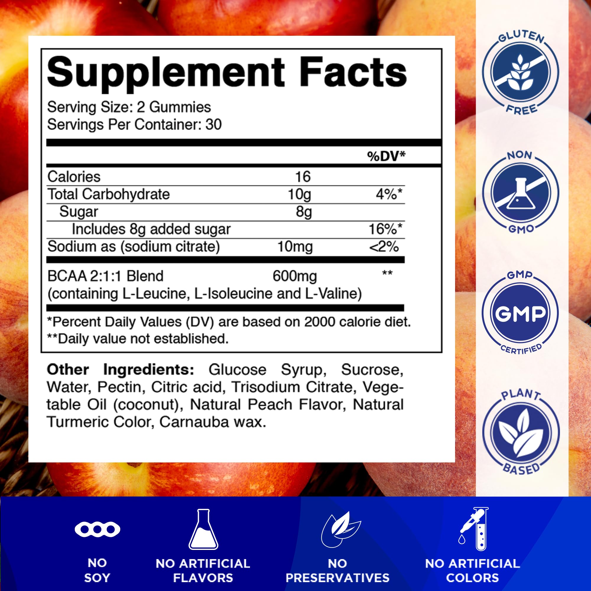 Vitamatic BCAA Gummies Peach gummies poured showing chewy texture and peach flavor.