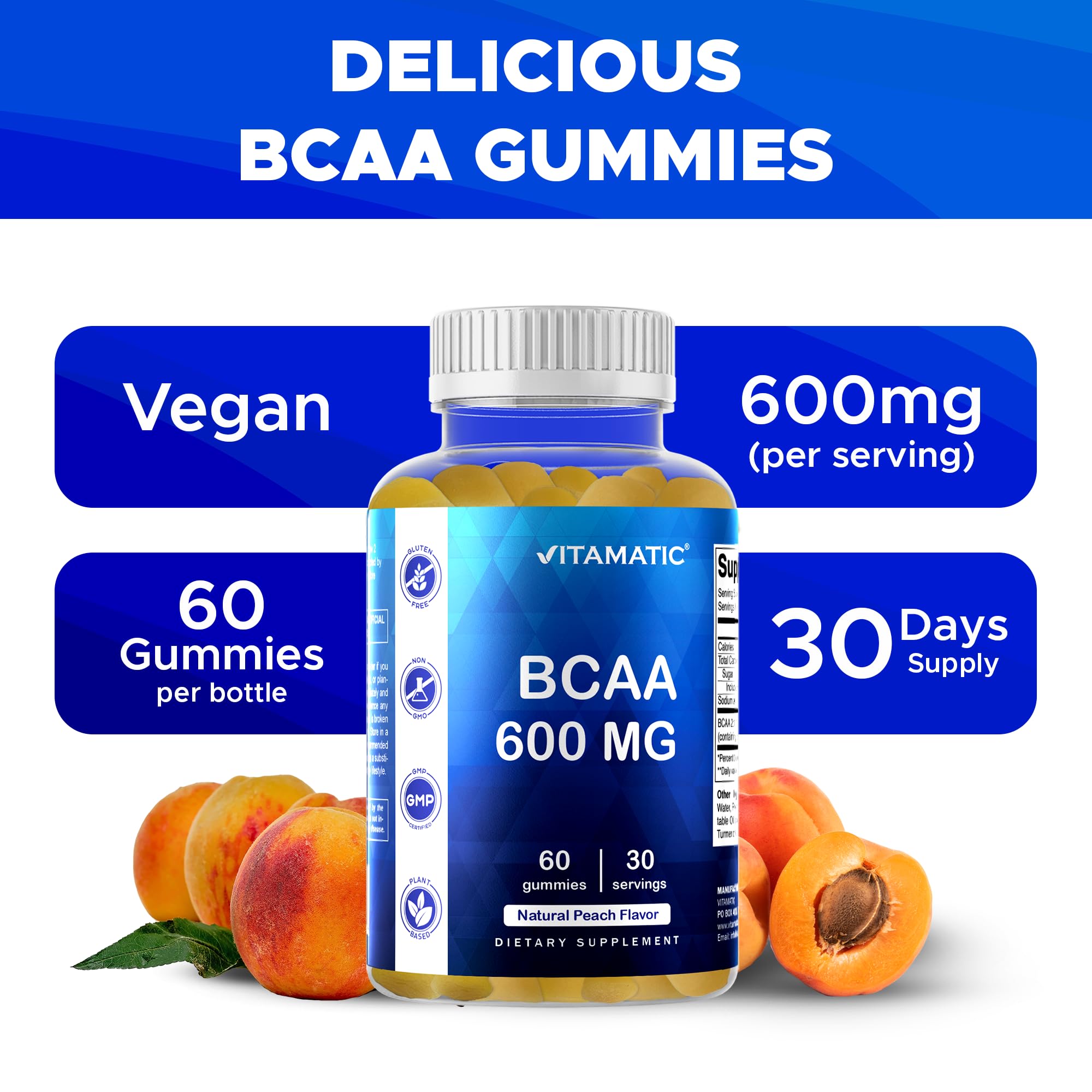 Vitamatic BCAA Gummies Peach ingredient list emphasizes non-GMO and gluten-free formula.