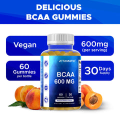 Vitamatic BCAA Gummies Peach ingredient list emphasizes non-GMO and gluten-free formula.