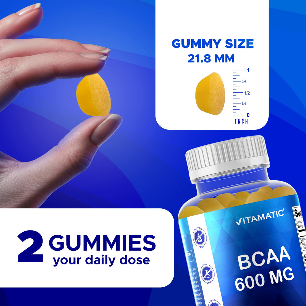 Vitamatic BCAA Gummies Peach nutrition label highlights 600mg per serving and 2:1:1 ratio.
