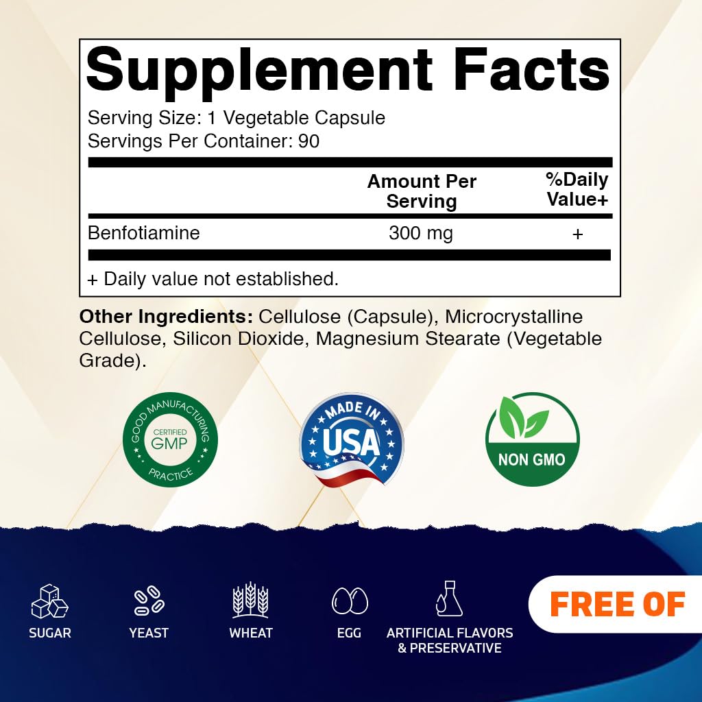 Vitamatic Benfotiamine bottle front label shows gluten-free and non-GMO formulation.