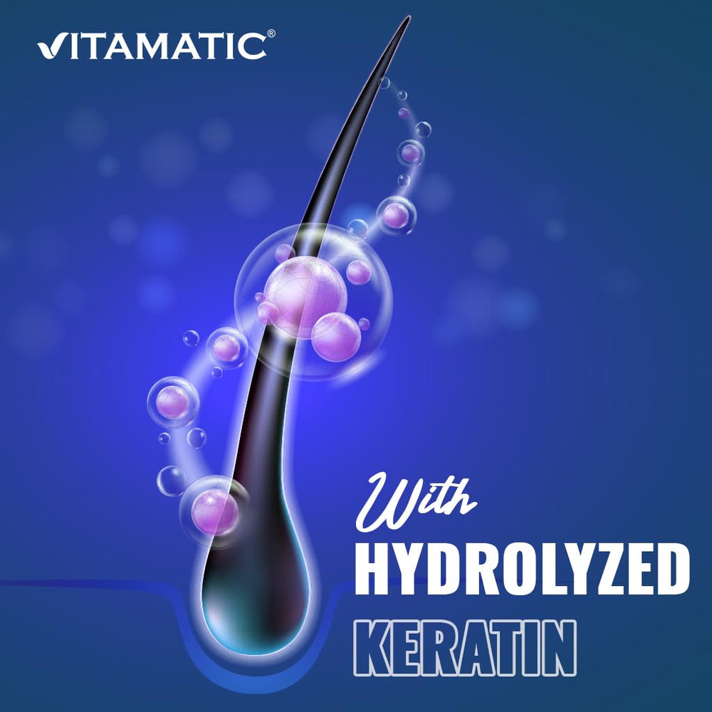 Vitamatic Biotin bottle usage shot suggests easy daily intake.