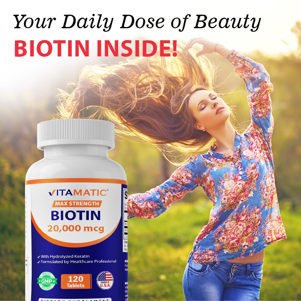 Vitamatic Biotin 20000mcg Keratin 100mg packaging box image emphasizes USA-made quality.