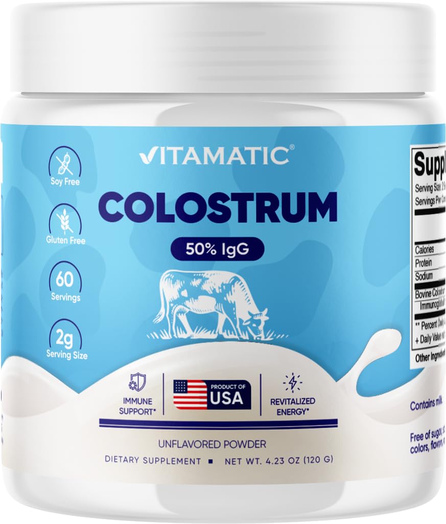Vitamatic Bovine Colostrum Powder bottle front shows 120 g and potential gut support