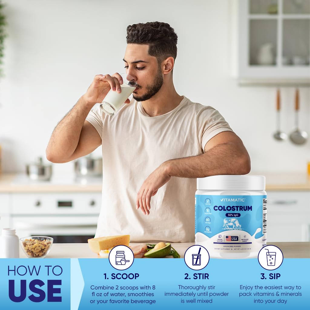 Vitamatic Bovine Colostrum Powder container emphasizes gluten-free and GMO-free formulation
