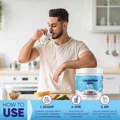 Vitamatic Bovine Colostrum Powder container emphasizes gluten-free and GMO-free formulation
