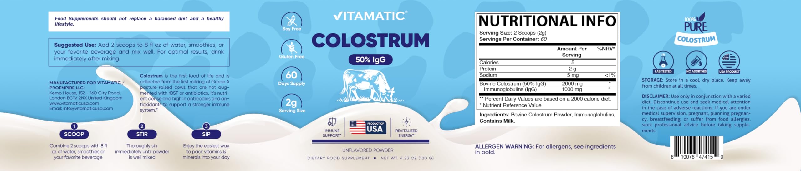 Vitamatic Bovine Colostrum Powder bottle beside ingredients under natural light
