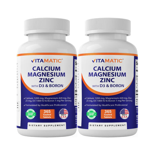 Vitamatic Calcium Magnesium Zinc D3 Boron bottle front for daily mineral support.