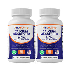 Vitamatic Calcium Magnesium Zinc D3 Boron bottle front for daily mineral support.