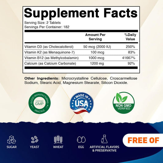 Vitamatic calcium tablets close-up highlighting D3, K2, and B12