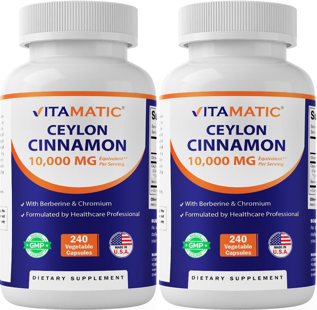 Vitamatic Ceylon Cinnamon bottle cap close-up with berberine and chromium for metabolic support.