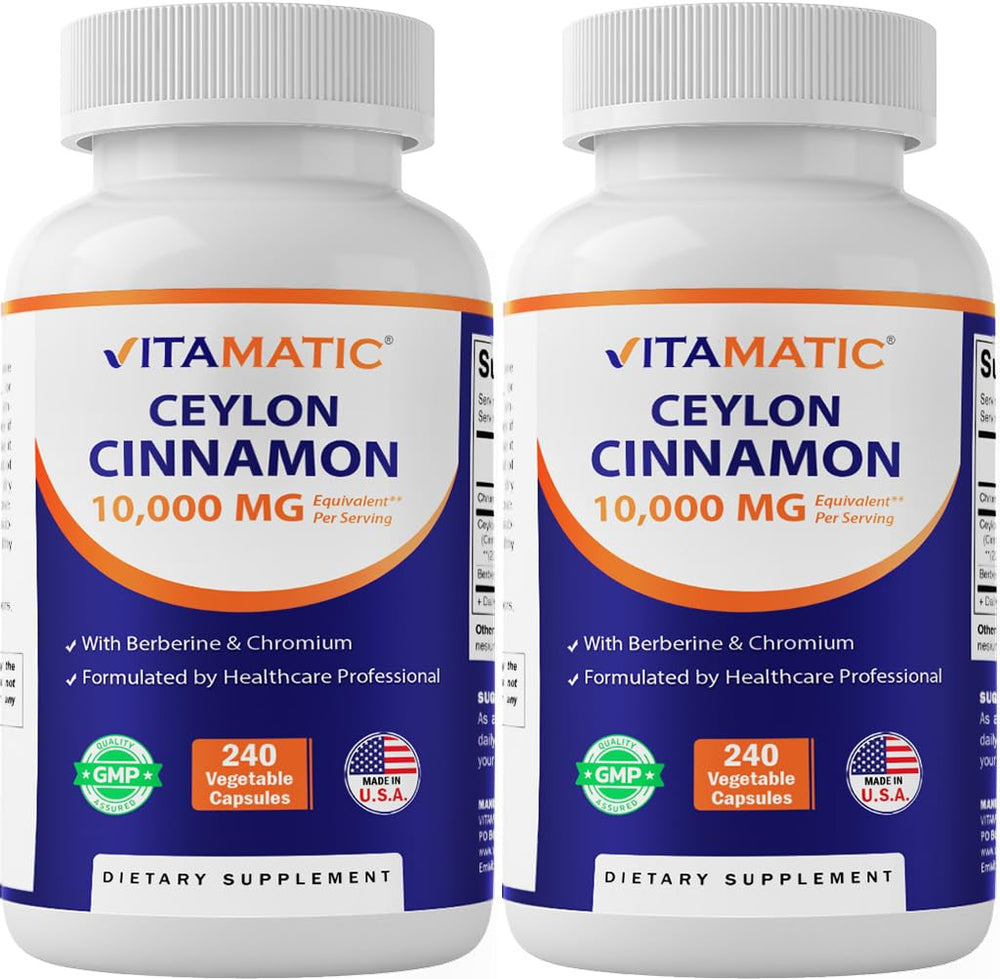 Vitamatic Ceylon Cinnamon bottle cap close-up with berberine and chromium for metabolic support.