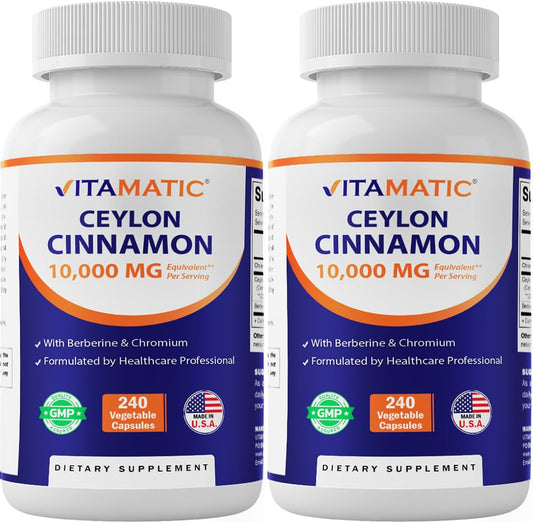 Vitamatic Ceylon Cinnamon bottle cap close-up with berberine and chromium for metabolic support.